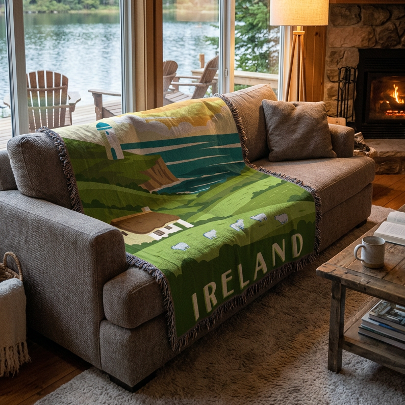 A woven throw blanket featuring a stylized illustration of Ireland's coastal landscape, with green hills, a lighthouse, blue sea, a small cottage, sheep, and the word 'IRELAND' at the bottom. The blanket has dark fringe around the edges.