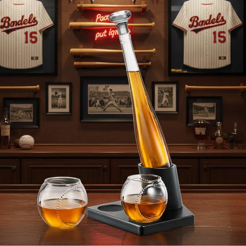 Baseball Themed Whiskey Decanter Set with 2 Glasses