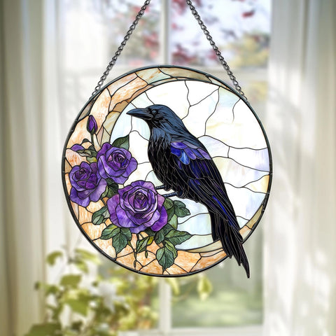 Load image into Gallery viewer, Purple Roses Moon Raven Suncatcher
