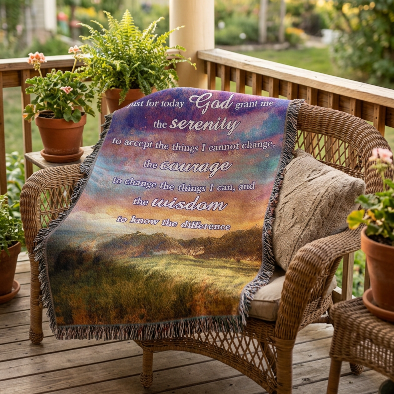 A square woven throw blanket with fringe edges, featuring a scenic landscape print of a field and trees under a purple, blue, and orange sky. The text on the blanket reads: 'Just for today God grant me the serenity to accept the things I cannot change, the courage to change the things I can, and the wisdom to know the difference'.