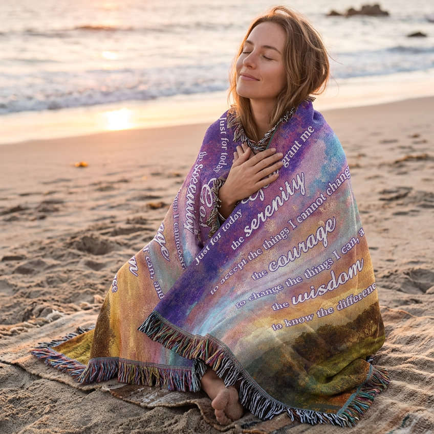 A square woven throw blanket with fringe edges, featuring a scenic landscape print of a field and trees under a purple, blue, and orange sky. The text on the blanket reads: 'Just for today God grant me the serenity to accept the things I cannot change, the courage to change the things I can, and the wisdom to know the difference'.