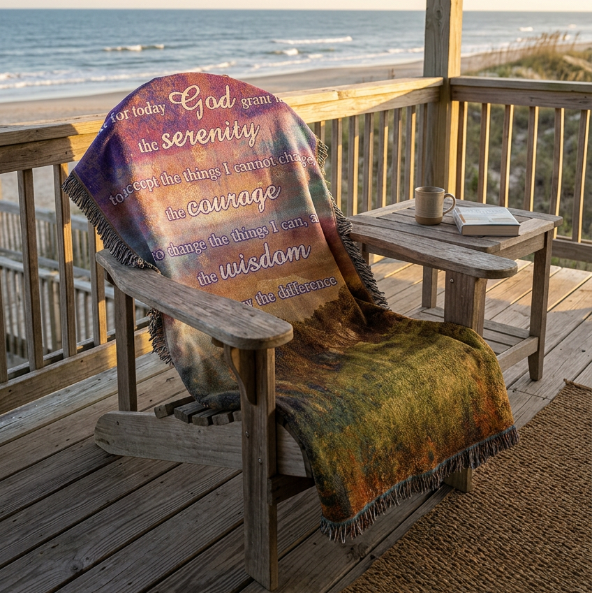 A square woven throw blanket with fringe edges, featuring a scenic landscape print of a field and trees under a purple, blue, and orange sky. The text on the blanket reads: 'Just for today God grant me the serenity to accept the things I cannot change, the courage to change the things I can, and the wisdom to know the difference'.