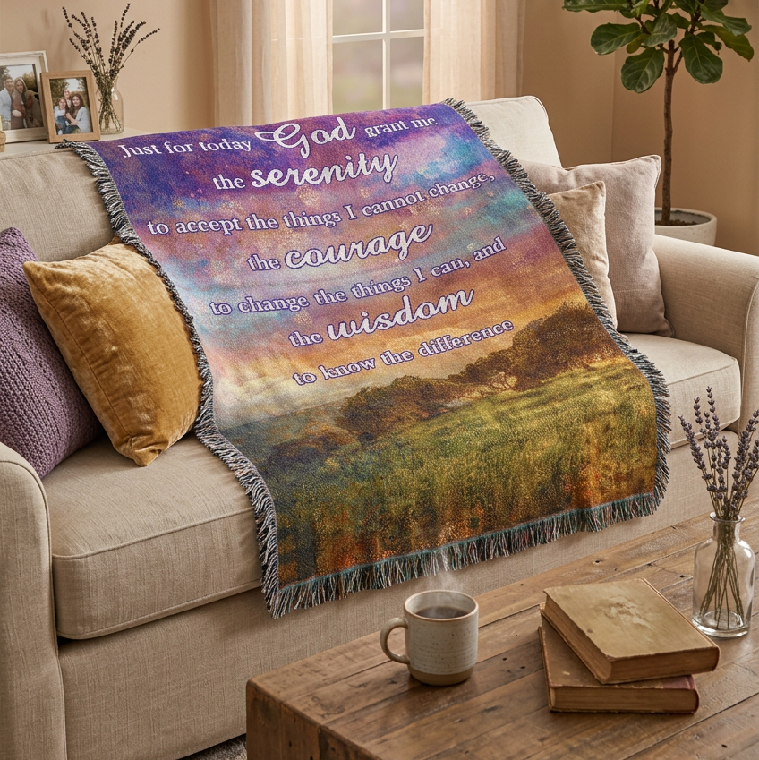 A square woven throw blanket with fringe edges, featuring a scenic landscape print of a field and trees under a purple, blue, and orange sky. The text on the blanket reads: 'Just for today God grant me the serenity to accept the things I cannot change, the courage to change the things I can, and the wisdom to know the difference'.
