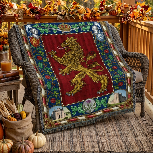 A woven tapestry throw blanket featuring the red Lion Rampant coat of arms, with a detailed border depicting castles, a thistle, crossed swords, and heraldic shields.