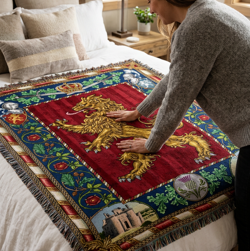 A woven tapestry throw blanket featuring the red Lion Rampant coat of arms, with a detailed border depicting castles, a thistle, crossed swords, and heraldic shields.