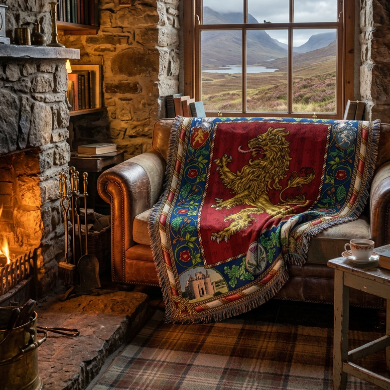 A woven tapestry throw blanket featuring the red Lion Rampant coat of arms, with a detailed border depicting castles, a thistle, crossed swords, and heraldic shields.
