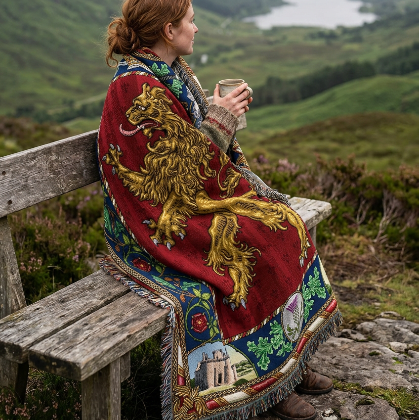 A woven tapestry throw blanket featuring the red Lion Rampant coat of arms, with a detailed border depicting castles, a thistle, crossed swords, and heraldic shields.