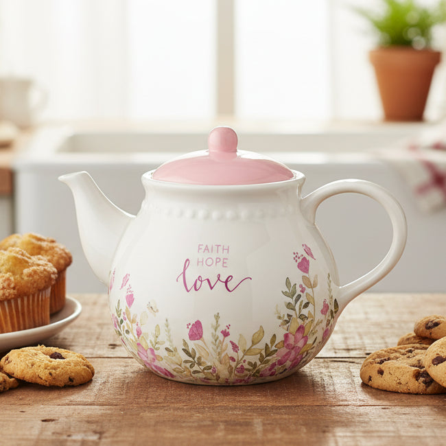 Pink Faith, Hope, Love Ceramic Teapot