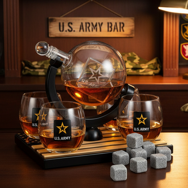 U.S. Army Globe Whiskey Decanter Set with 4 Liquor Glasses