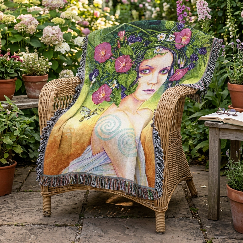 A woven throw blanket featuring a colorful fantasy illustration of a woman with green leaves and pink flowers in her hair, set against a yellow and orange gradient background with dark fringe on all sides.