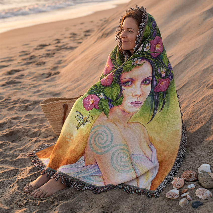 A woven throw blanket featuring a colorful fantasy illustration of a woman with green leaves and pink flowers in her hair, set against a yellow and orange gradient background with dark fringe on all sides.