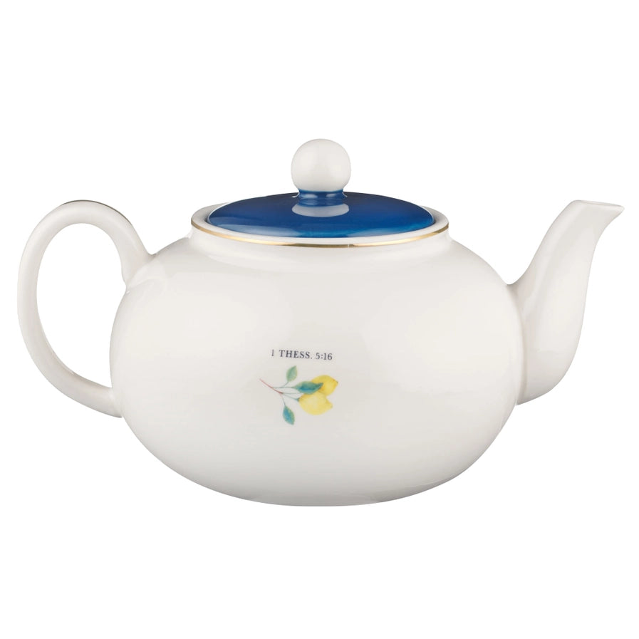 Blue "Rejoice" Flowers & Lemons Ceramic Teapot