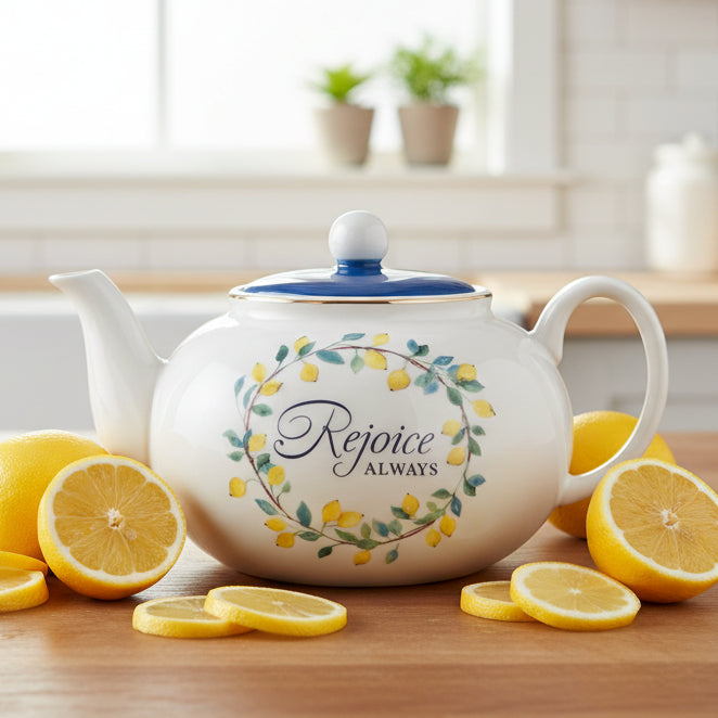 Blue "Rejoice" Flowers & Lemons Ceramic Teapot