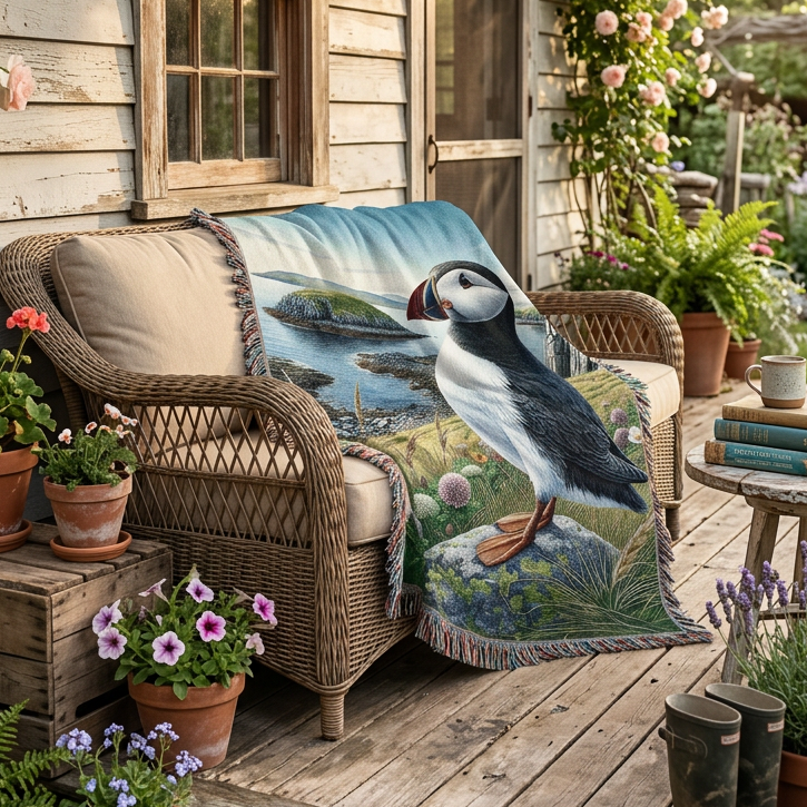 A woven throw blanket featuring a detailed illustration of a puffin standing on a grassy cliffside with water, rocks, and wildflowers in the background. The blanket has fringed edges and is shown against a plain white background.