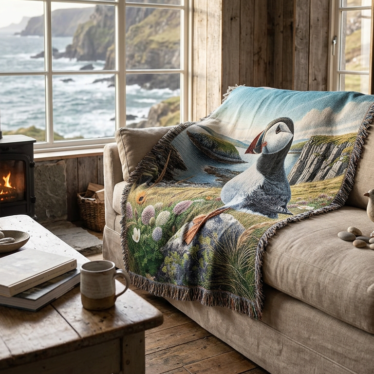 A woven throw blanket featuring a detailed illustration of a puffin standing on a grassy cliffside with water, rocks, and wildflowers in the background. The blanket has fringed edges and is shown against a plain white background.