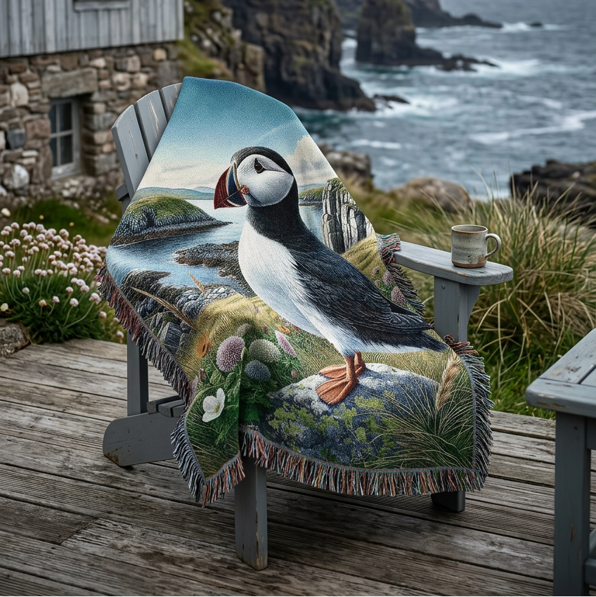 A woven throw blanket featuring a detailed illustration of a puffin standing on a grassy cliffside with water, rocks, and wildflowers in the background. The blanket has fringed edges and is shown against a plain white background.