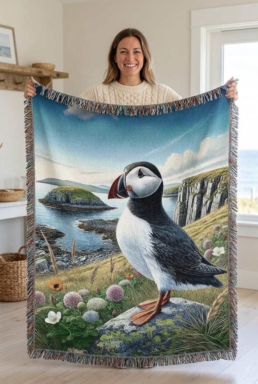 A woven throw blanket featuring a detailed illustration of a puffin standing on a grassy cliffside with water, rocks, and wildflowers in the background. The blanket has fringed edges and is shown against a plain white background.