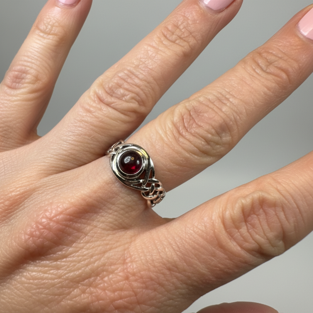 Leah Celtic Knot Garnet Ring in Sterling Silver — view 2