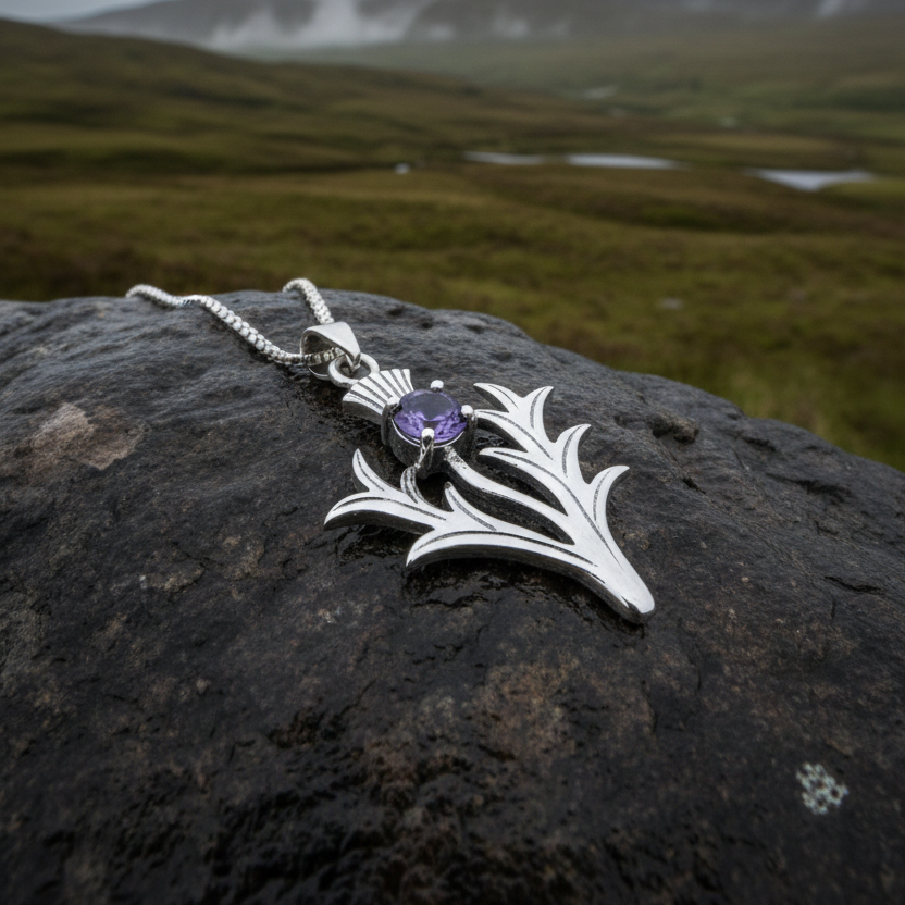 Jacobite Scottish Thistle Amethyst Necklace in Sterling Silver