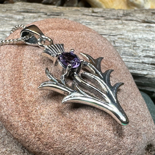 Jacobite Scottish Thistle Amethyst Necklace in Sterling Silver