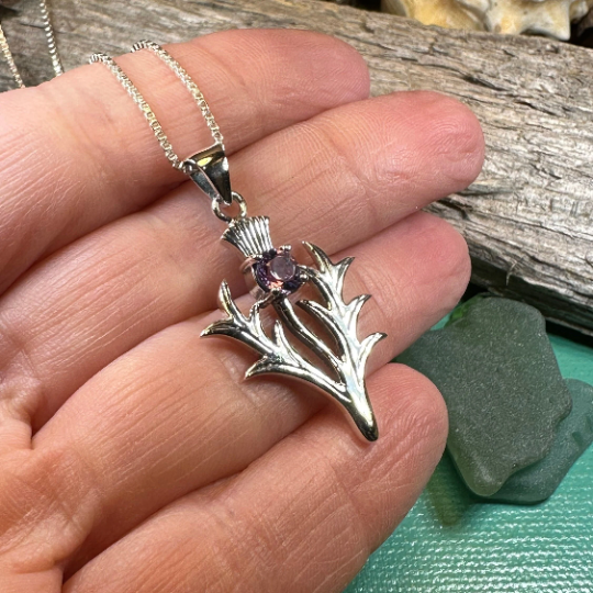 Jacobite Scottish Thistle Amethyst Necklace in Sterling Silver