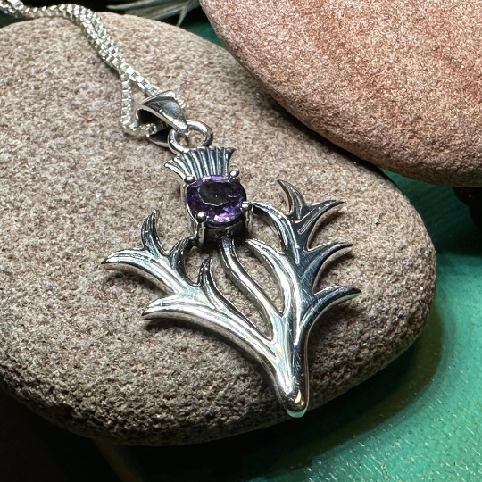 Jacobite Scottish Thistle Amethyst Necklace in Sterling Silver