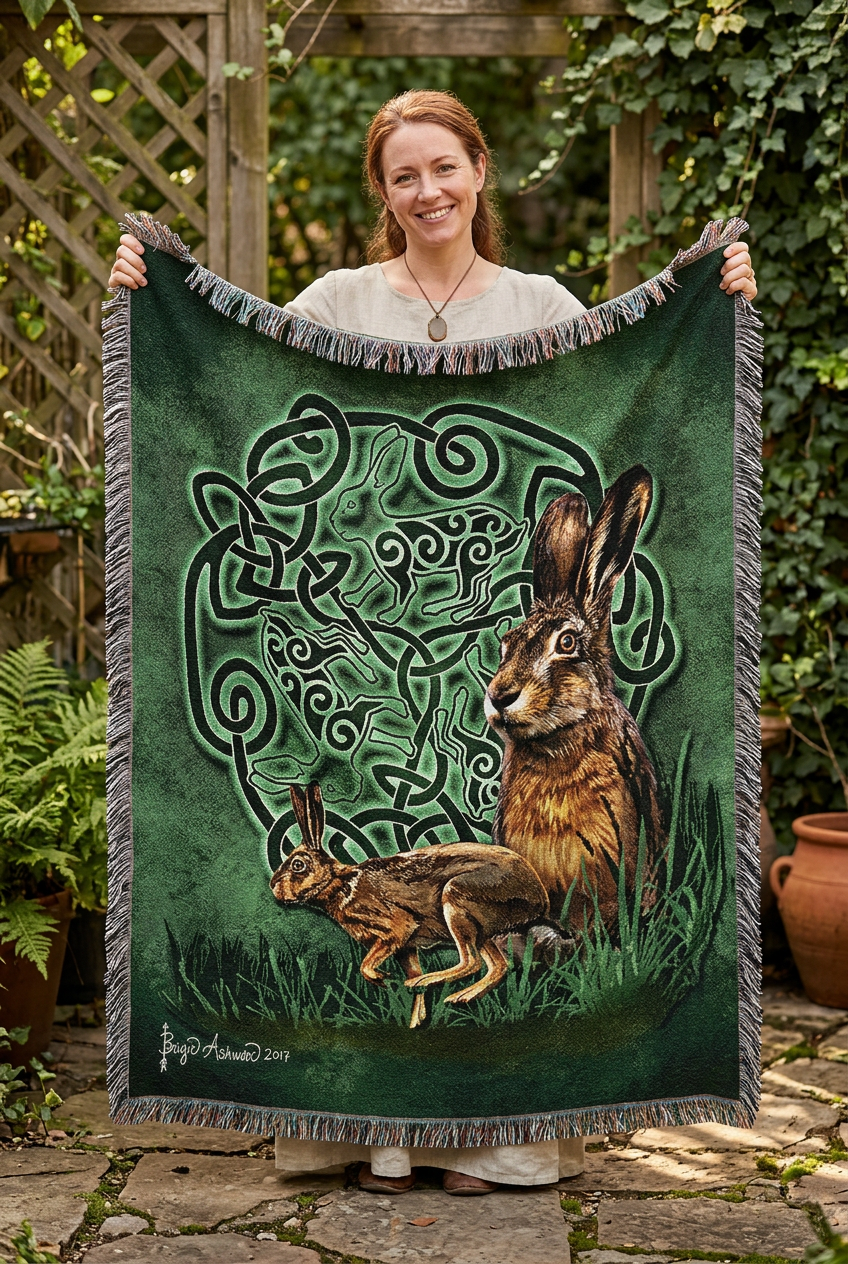 A square woven throw blanket with fringed edges, featuring an illustration of two hares in front of a dark green Celtic knot design. The blanket is photographed flat against a solid white background.