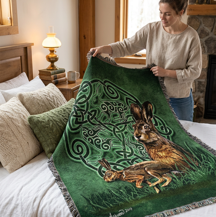A square woven throw blanket with fringed edges, featuring an illustration of two hares in front of a dark green Celtic knot design. The blanket is photographed flat against a solid white background.