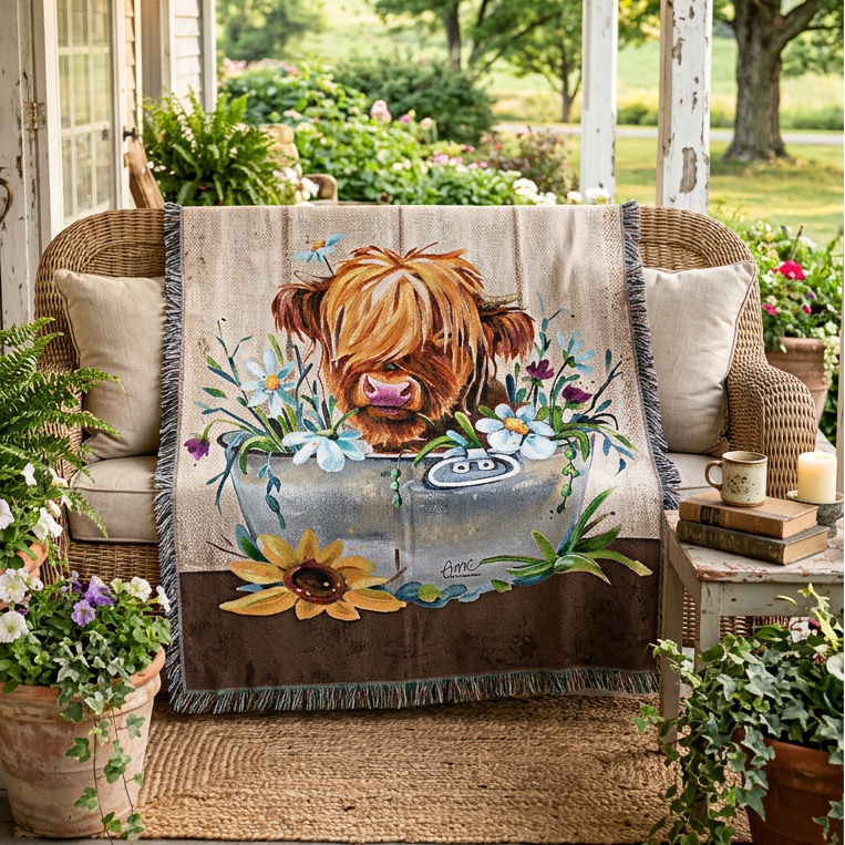 A woven throw blanket with fringed edges featuring a rustic design of a Highland cow in a metal tub surrounded by flowers, set against a white background.