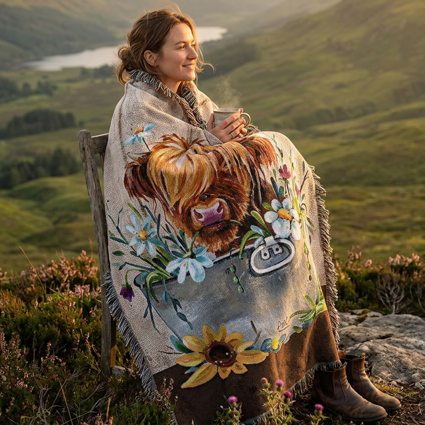 A woven throw blanket with fringed edges featuring a rustic design of a Highland cow in a metal tub surrounded by flowers, set against a white background.