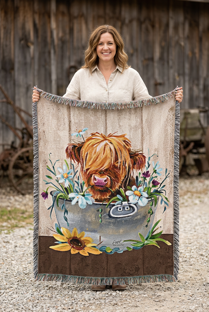 A woven throw blanket with fringed edges featuring a rustic design of a Highland cow in a metal tub surrounded by flowers, set against a white background.