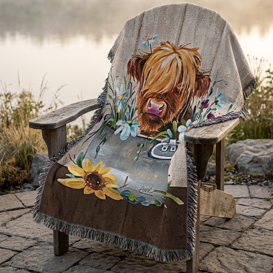 A woven throw blanket with fringed edges featuring a rustic design of a Highland cow in a metal tub surrounded by flowers, set against a white background.