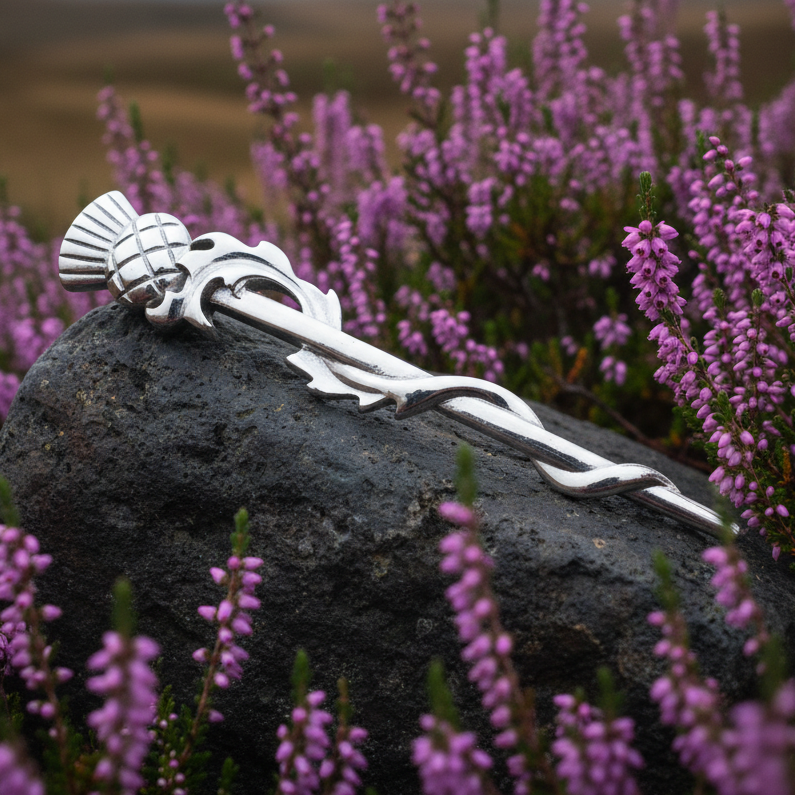 Scrolling Leaf Thistle Kilt Pin in pewter