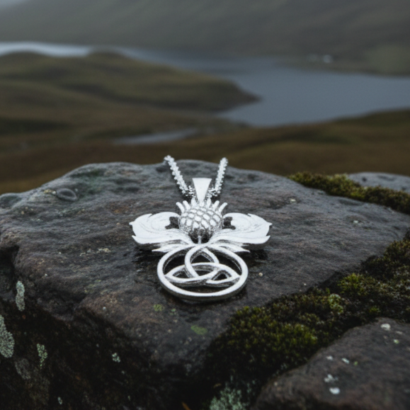 Scottish Thistle Trinity Knot Necklace in Sterling Silver
