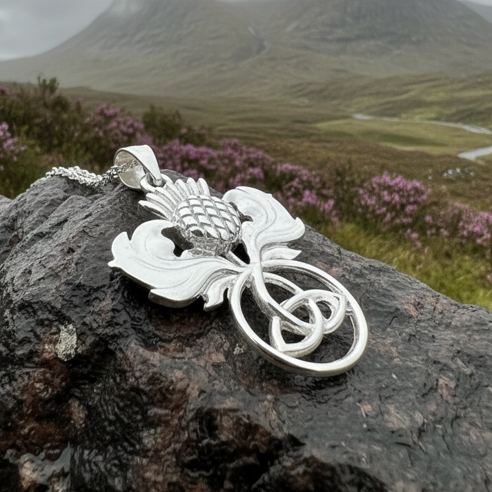 Scottish Thistle Trinity Knot Necklace in Sterling Silver