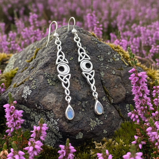 Galette Moonstone Celtic Moon Earrings in Sterling Silver