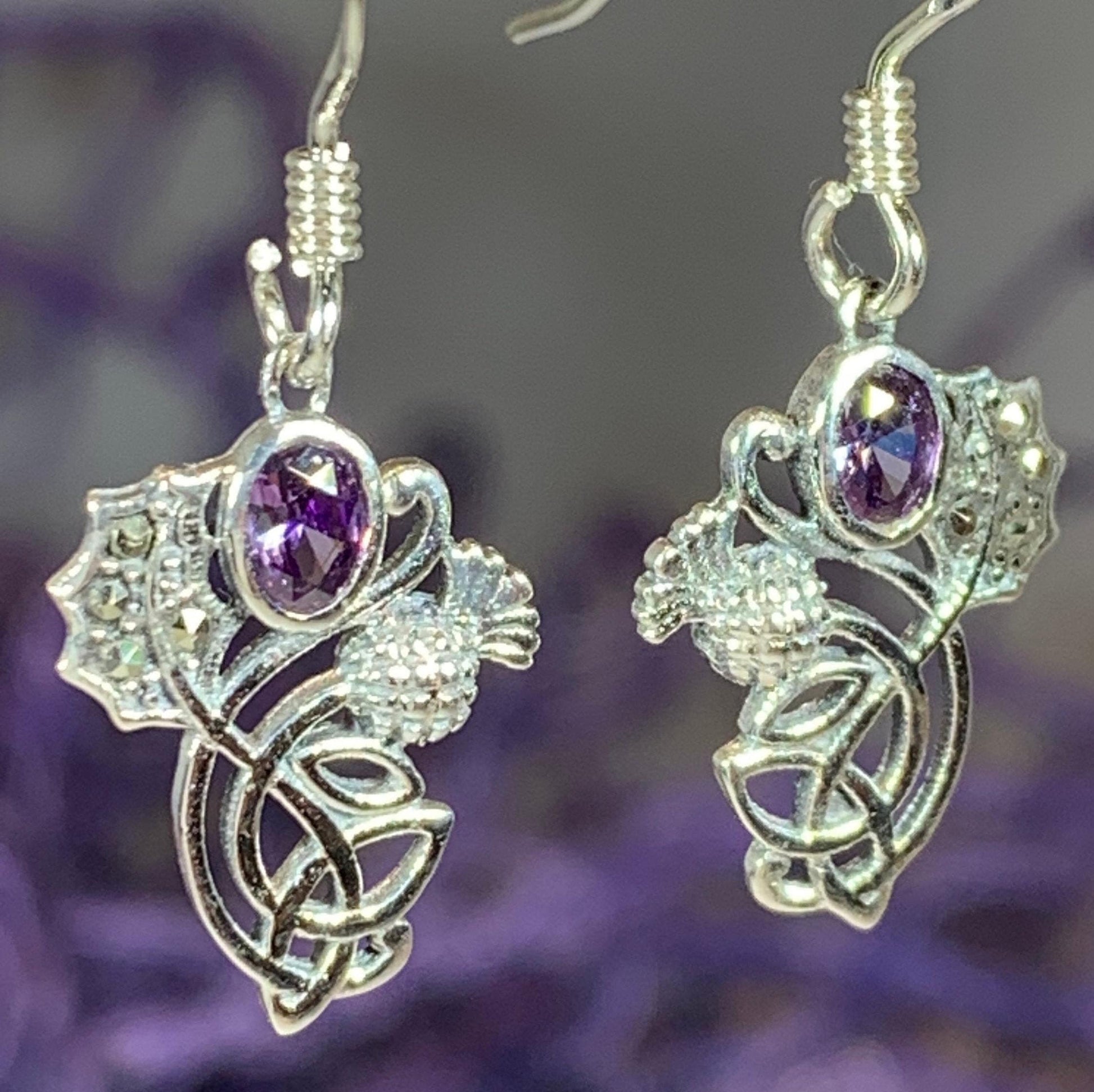 Thistle Earrings, Trinity Knot Jewelry, Celtic Jewelry, Outlander Jewelry, Marcasite Jewelry, Mom Gift, Amethyst Jewelry, Pagan Jewelry