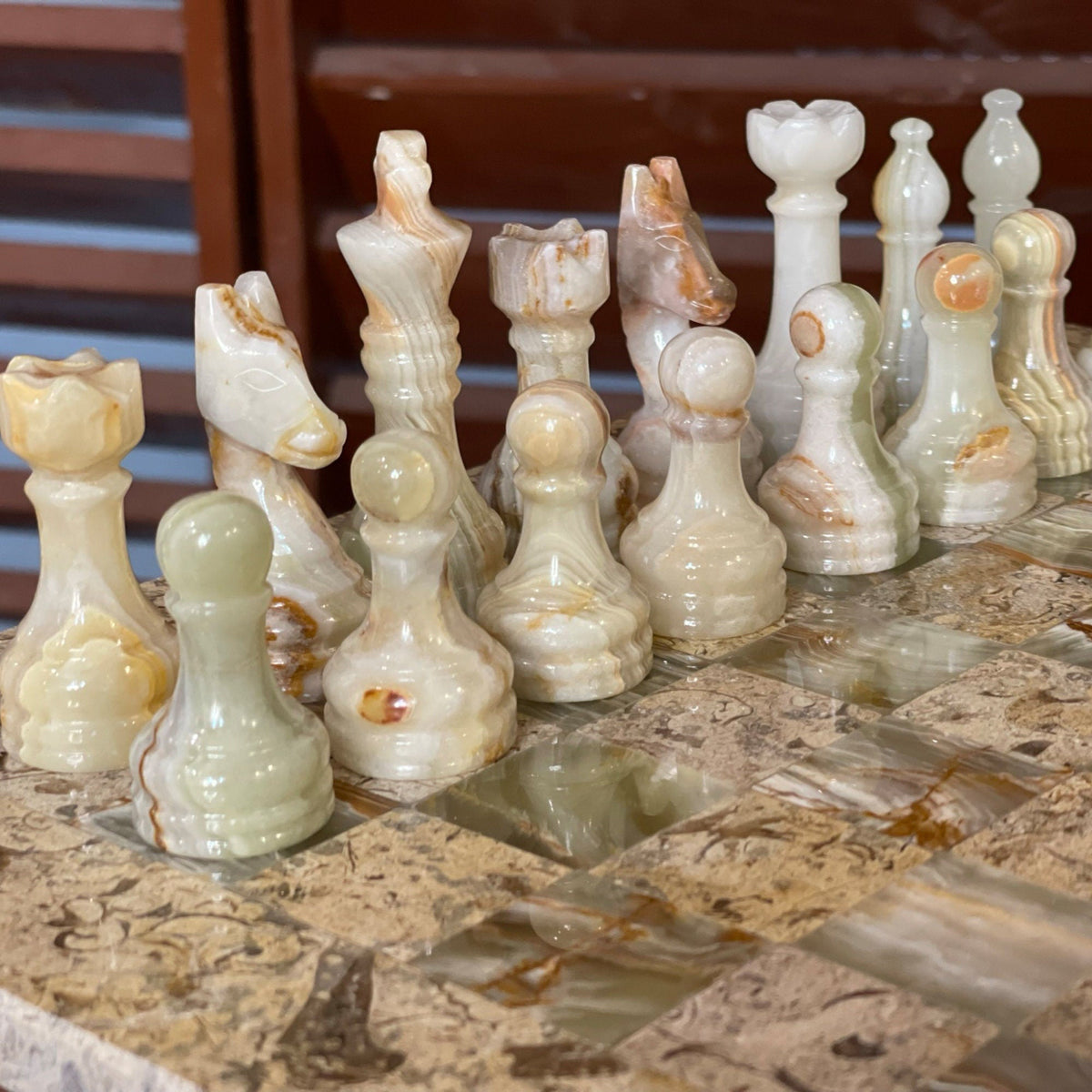 Luxury Coral Green Onyx Marble Chess Set 12 Inches - High Quality Handmade