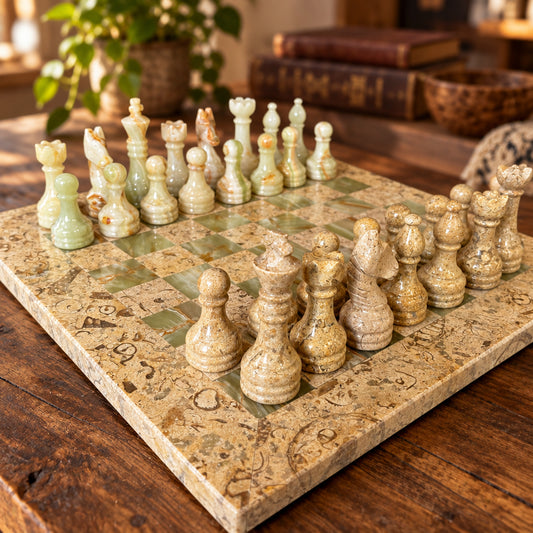 Luxury Coral Green Onyx Marble Chess Set 12 Inches - High Quality Handmade