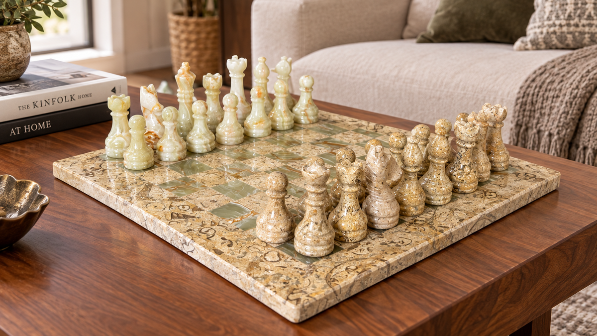 Luxury Coral Green Onyx Marble Chess Set 12 Inches - High Quality Handmade