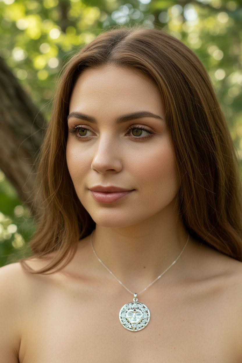 Sun Necklace, Celestial Jewelry, Oak Leaf Jewelry, Wiccan Jewelry, Pagan Pendant, Mystical Jewelry, Anniversary Gift, Celtic Jewelry