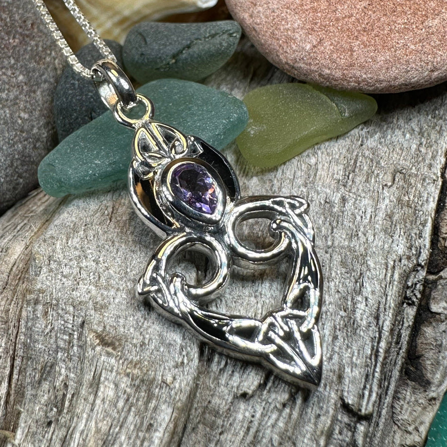 Celtic Knot Necklace, Celtic Pendant, Irish Jewelry, Norse Jewelry, Trinity Knot Jewelry, Garnet Wiccan Jewelry, Sterling Silver, Wife Gift