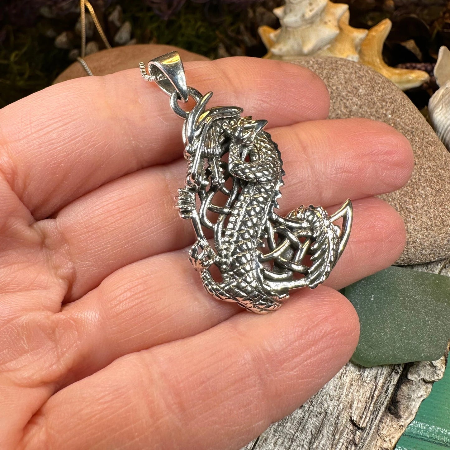 Aevnass Celtic Dragon Moon Necklace in Sterling Silver — view 6