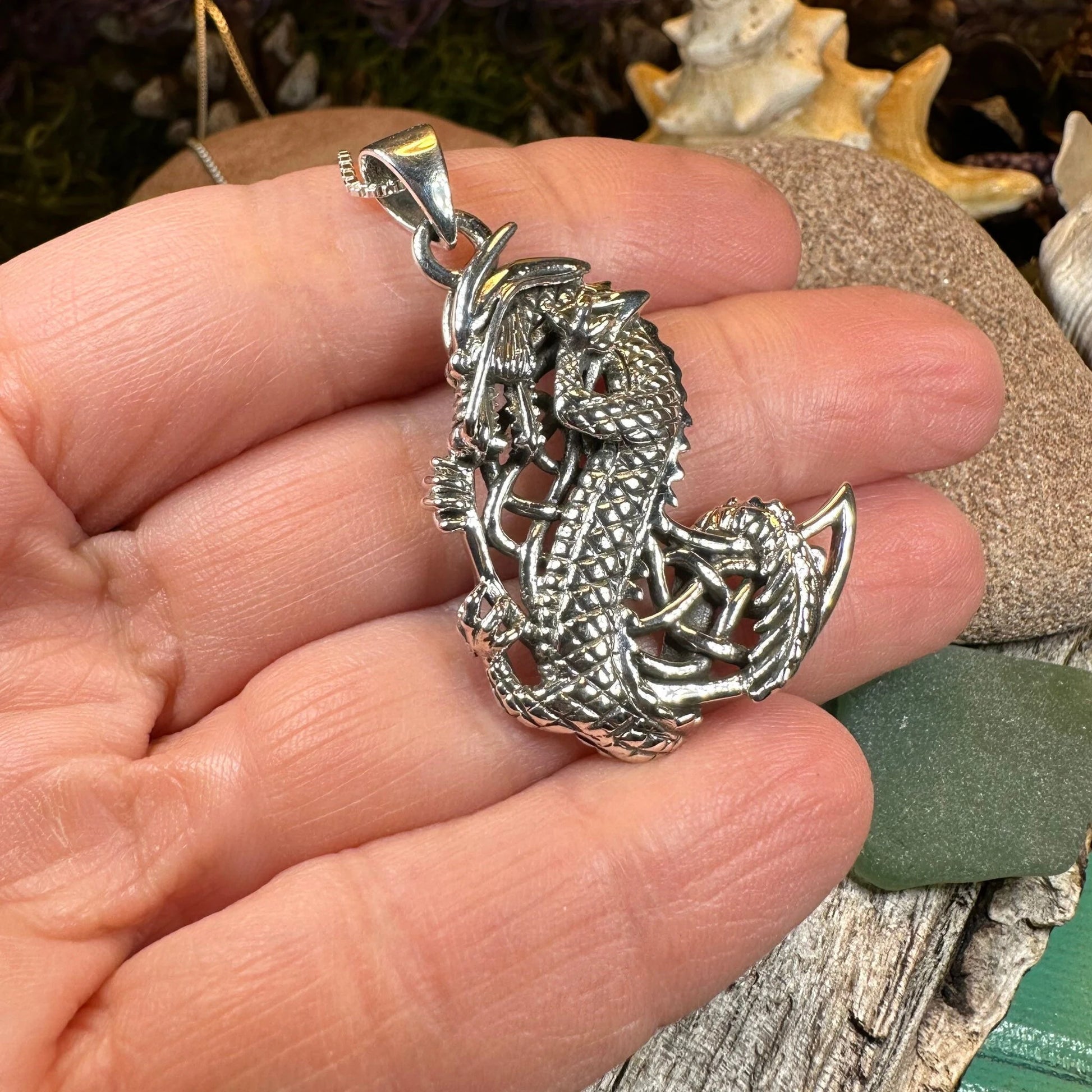 Aevnass Celtic Dragon Moon Necklace in Sterling Silver — view 6