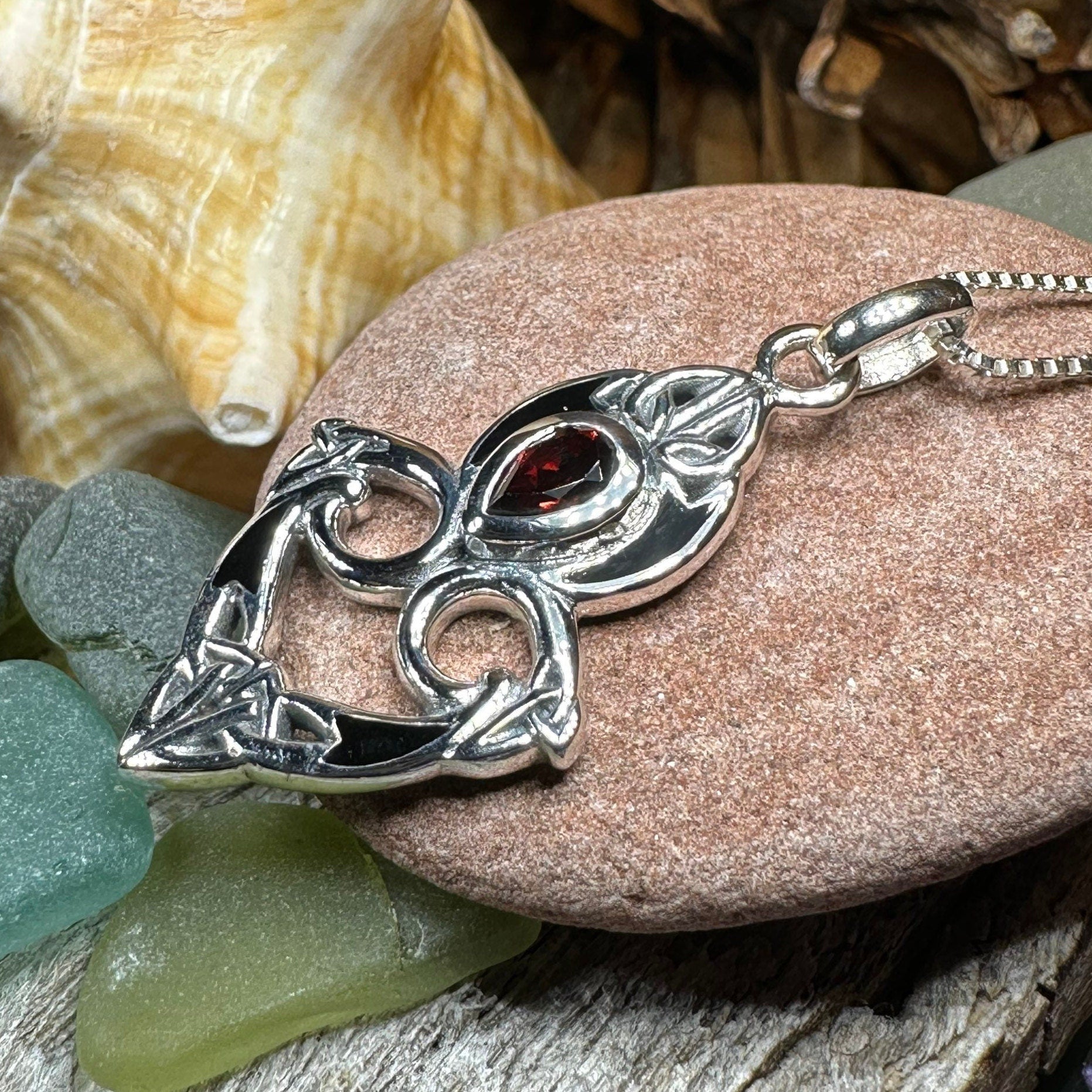 Celtic Knot Necklace, Celtic Pendant, Irish Jewelry, Norse Jewelry, Trinity Knot Jewelry, Garnet Wiccan Jewelry, Sterling Silver, Wife Gift