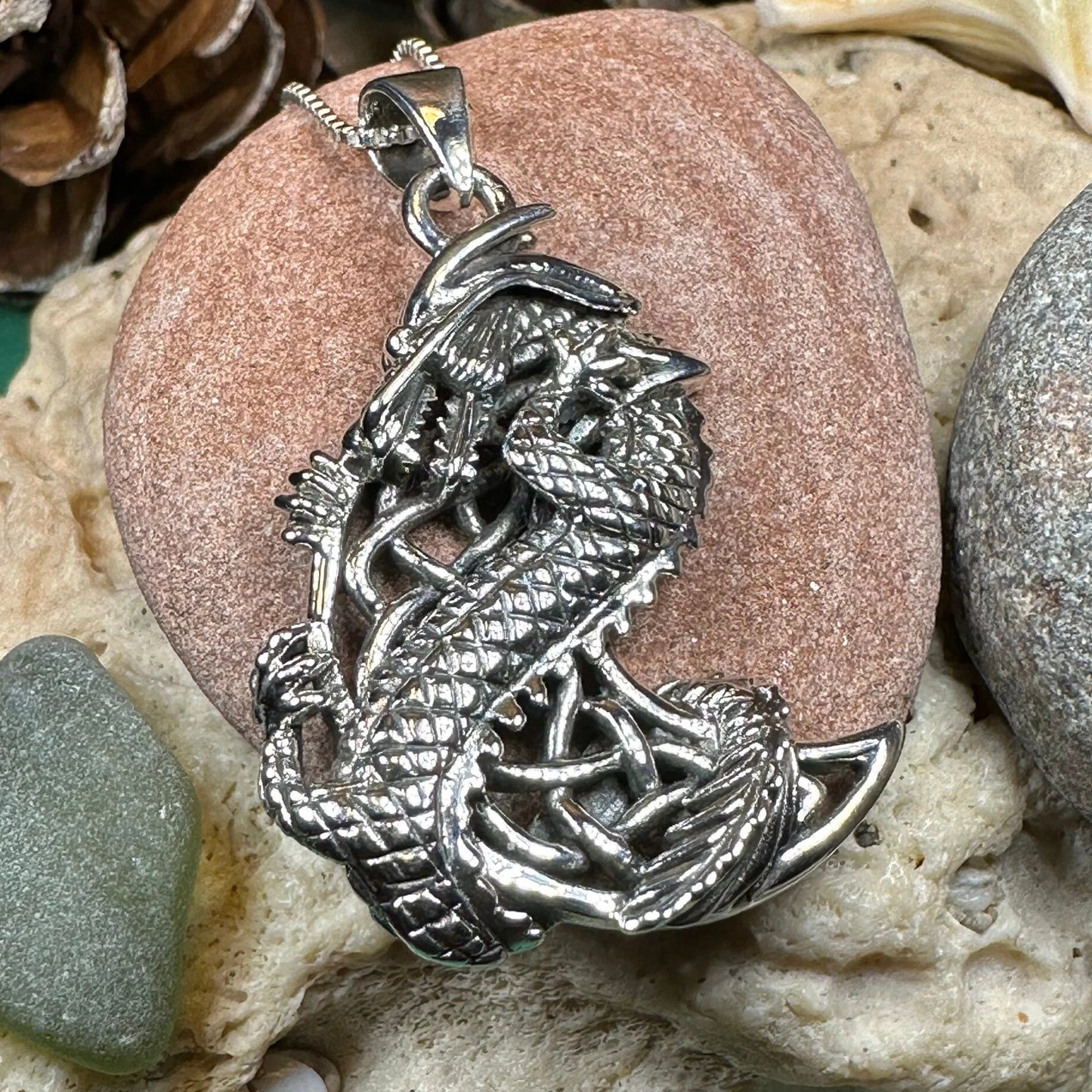 Aevnass Celtic Dragon Moon Necklace in Sterling Silver — view 4