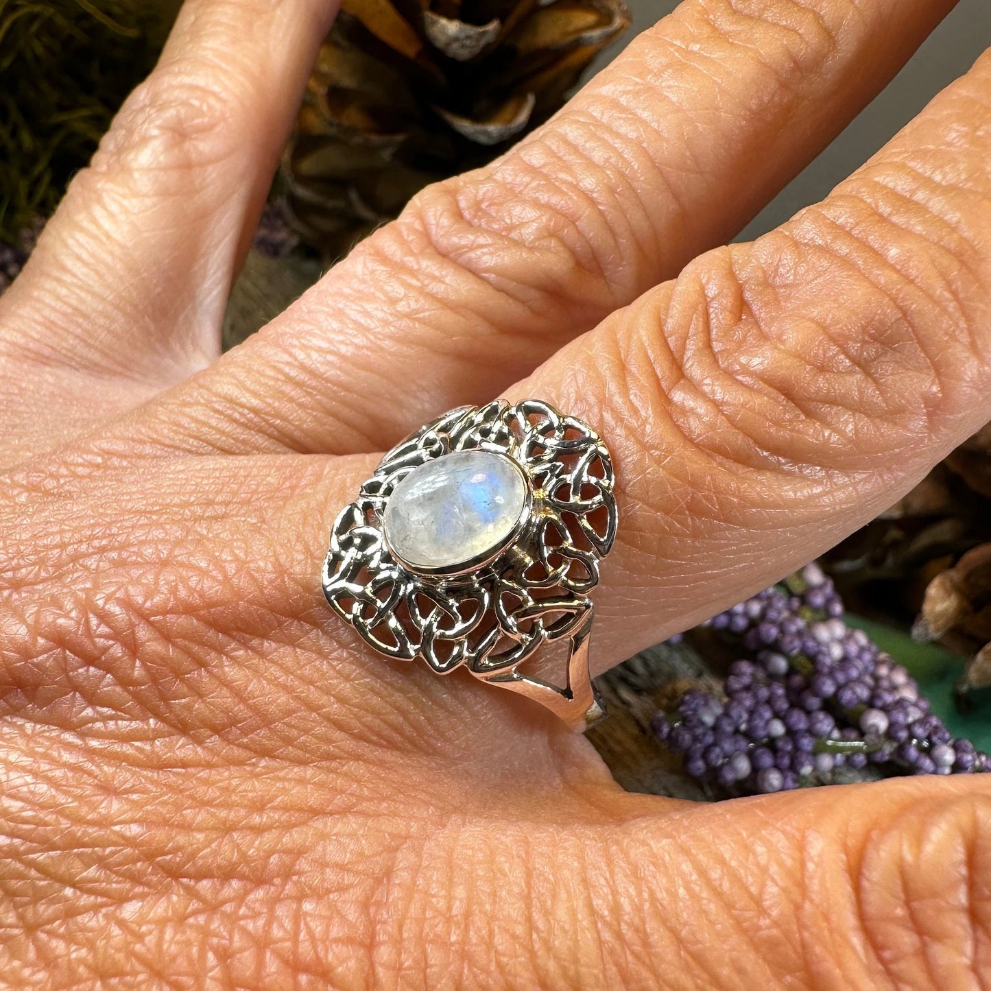 Celtic Starglow Moonstone Ring in Sterling Silver — view 7
