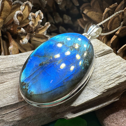 Celtic Night Necklace, Blue Labradorite Pendant, Celtic Jewelry, Anniversary Gift, Silver Wiccan Jewelry, Mom Gift, Large Oval Pendant