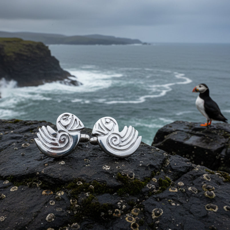 Puffin Cuff Links, Scotland Jewelry, Pewter Cufflinks, Men's Celtic Jewelry, Bird Jewelry, Girlfriend Gift, Anniversary Gift, Scottish Gift