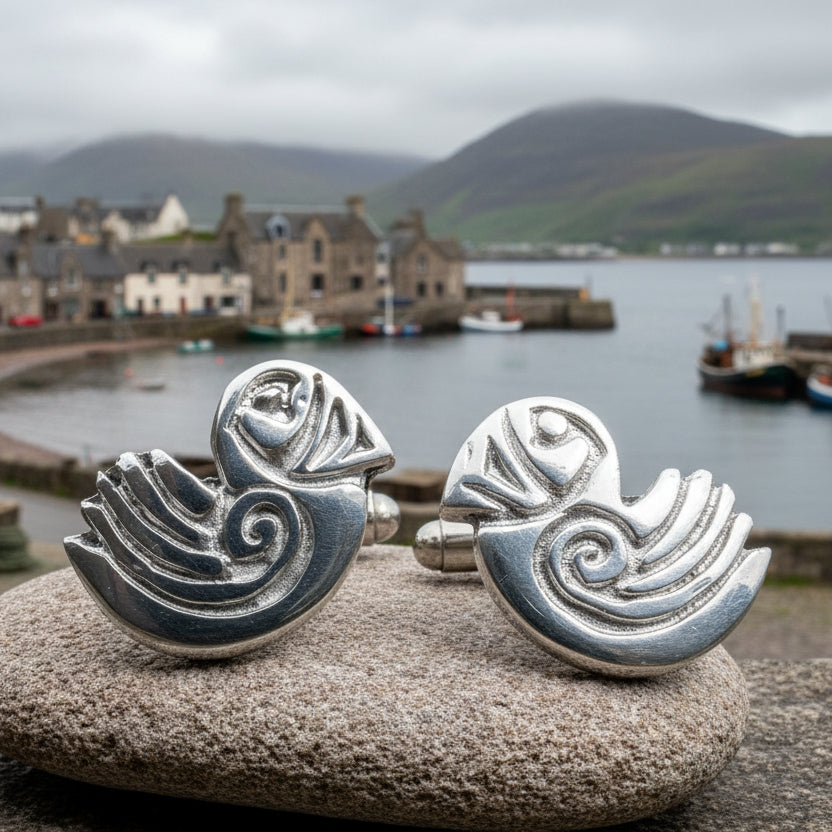 Puffin Cuff Links, Scotland Jewelry, Pewter Cufflinks, Men's Celtic Jewelry, Bird Jewelry, Girlfriend Gift, Anniversary Gift, Scottish Gift